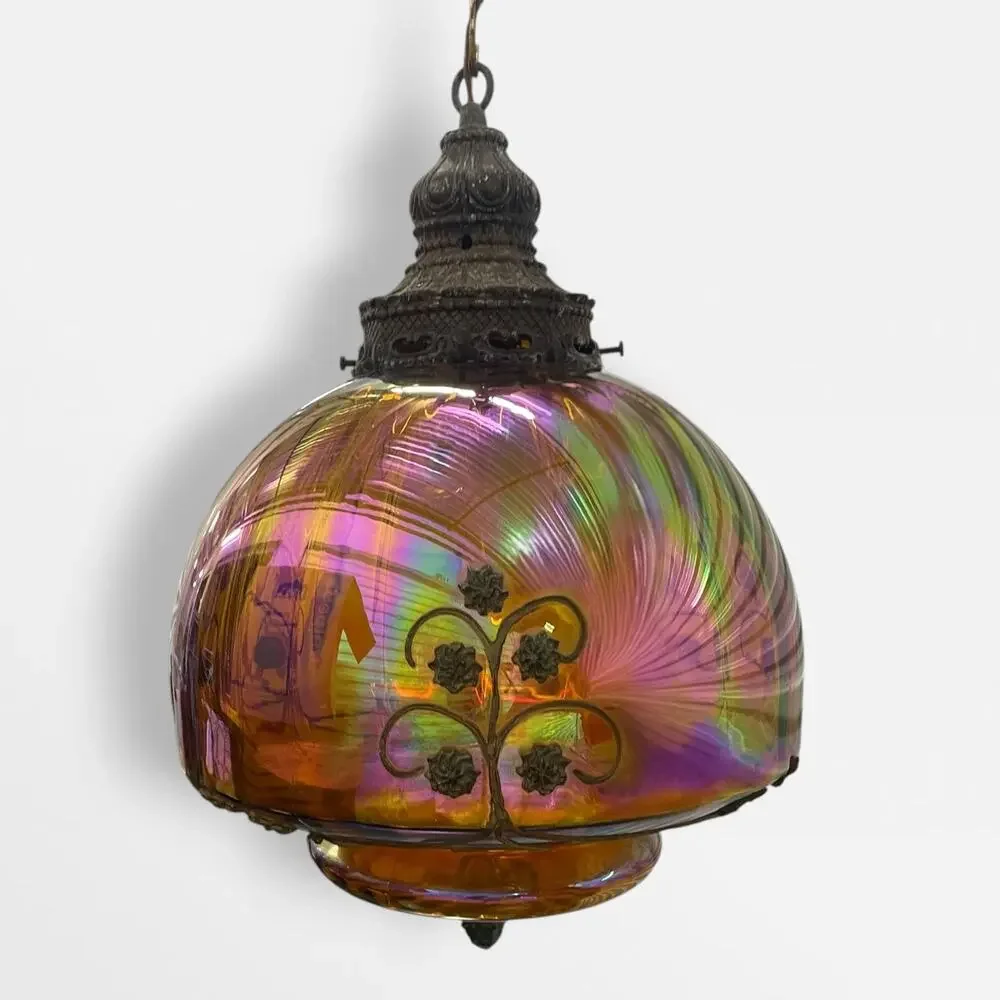 Vintage 1950s Falkenstein Style Amber Carnival Glass Hanging Swag Lamp